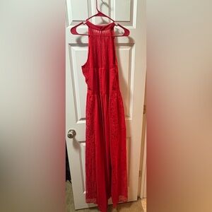 Red long dress. Plunging neck line with lace.